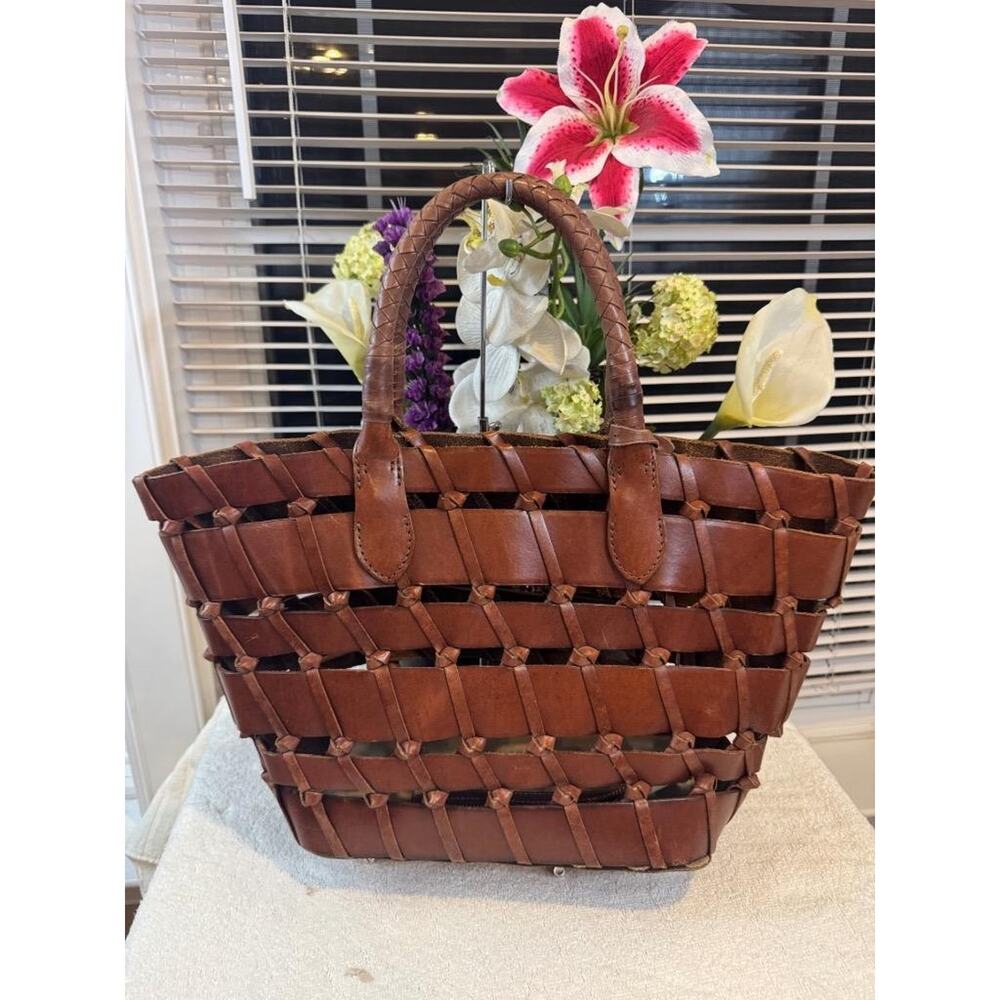 VINTAGE Ralph Lauren BROWN Leather Bag Purse Basketweave Tote Bag Leather (210 - Picture 7 of 13